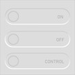 © Полякевич Олена - Interface toggle switches. ON OFF CONTROL text. Neumorphic buttons Vector set. Minimalist status element.