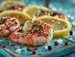 © Emily - Raw jumbo shrimp with garlic chili flakes and lemon on light blue distressed wood fresh seafood preparation natural light