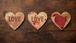 © vxnaghiyev - Three vintage letterpress hearts with ink stains on a weathered wood surface, suitable for rustic design elements