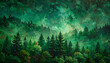© LuckyStride - 深緑の森 霞む木々と幻想的な光の水彩風背景