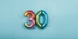© AbstractAI - Rainbow foil balloon number thirty for birthday celebration, emphasizing milestone achievement, top view, blue background