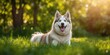 © Emin - Husky dog with white fluffy hair and blue eyes outdoors during summer, emphasizing animal's joyful expression