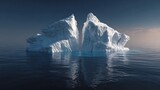 A majestic iceberg split in two, reflecting in the calm, dark ocean under a twilight sky, showcasing natures raw power and serene beauty