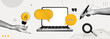 © accogliente - Trendy Halftone Collage Computer Laptop with Digital Marketing. Business startup. Hands with speech bubbles, lightning and pen. Development of social networks. Contemporary vector illustration banner