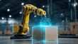 © Olga Ко - Yellow industrial robotic arm placing a cardboard box with a digital hologram overlay in a modern smart logistics warehouse