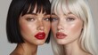 © vvicca - Two beautiful women with flawless skin, one with black bob and red lipstick, the other with platinum blonde hair and nude lips, posing close together in beauty portrait.