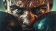 © Naruephu - Tight focus on fighter’s face showing pain and determination