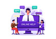 © Muaz - Online help and support concept, customer service representative on computer screen assisting clients with chat bubbles and star ratings, flat vector illustration