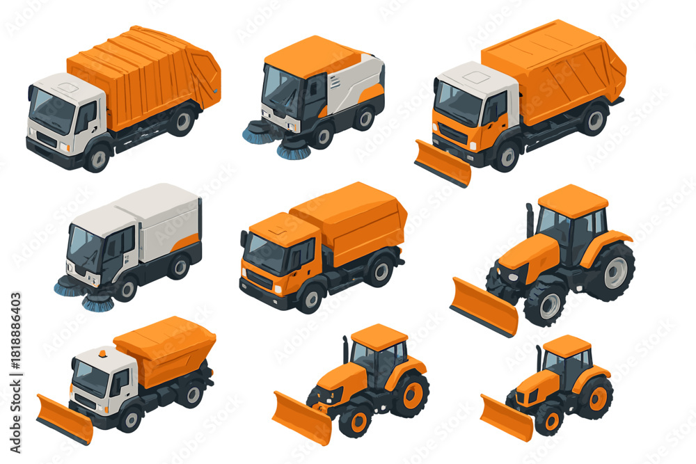 Isometric set of municipal service vehicles for city maintenance and ...