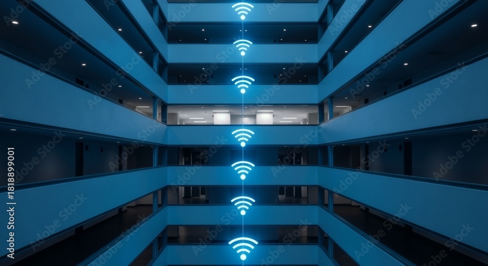 Wi Fi Visual Examples Glowing Wi-Fi symbols connecting floors in a modern building interior ...