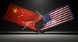 © Margarita Ratatosk - Container with China flag colliding with container with USA flag, depicting trade war, economic conflict, or political struggle concept.
