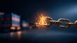 © vatcharapong - supply chain management logistics risk management. A glowing warning symbol emerges from a breaking chain in a dark setting.
