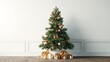 © tao - Christmas tree with golden star and presents on floor in empty room, 3D rendering illustration for banner design, high quality with copy space as Christmas background.