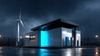 © Oatkhaphon - Wind turbine near modern hydrogen plant building at night with dark sky and blue light
