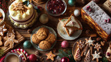 Overhead view of a festive holiday table filled with christmas treats and desserts
