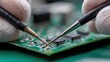© filmanana - electronics repair technician focused on meticulous circuit board testing — macro style for quality control, engineering maintenance, and microelectronics education, showcasing precision probes and
