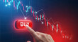 © Pixel Studio - Hand presses a glowing red buy button against a backdrop of a downward trending stock market chart indicating a strategic investment opportunity during a market correction or dip for financial gains
