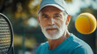 © Deliend - Active senior man embracing vitality playing tennis with a racket and ball on a sunny day, promoting healthy lifestyle and joyful retirement years outdoors