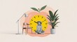 © Graphic Genius - A happy woman in a hat sits cross-legged in a creative collage with a large clock, modern furniture, and a potted plant, symbolizing positive time management and well-being