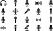 © Design home sara - Audio equipment icons feature headphones, various microphones, sound waves, and volume indication on transparent background