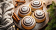 © KingWhite - Delicious Cinnamon Rolls Sprinkled with Powdered Sugar on a Wooden Board, Holiday Baking Scene