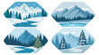 © VectorMonk - Winter mountainscape set with snowy trees and frozen rivers evoking peace and cold weather holidays feeling