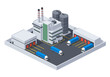© Skyframe - An isometric industrial complex features a central factory with twin smokestacks, large storage silos, and blue semi-trucks positioned at the loading docks