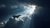 Fighter Jet Soaring Through Dramatic Clouds with Sun Rays Breaking Through.