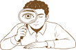 © rijvi - Man looking through magnifying glass with large eye illustration of searching and investigation discovery