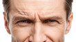 © Marut - Close up portrait of middle aged man with wrinkles around eyes, furrowed brow, and expressive facial lines, showing serious and thoughtful emotion on white background
