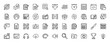© PixeloAI - General business, creative, and development line icon set. Vector pictograms of documents, gear, calculator, code, globe, book, presentation, camera, and headphones, thin linear illustration.