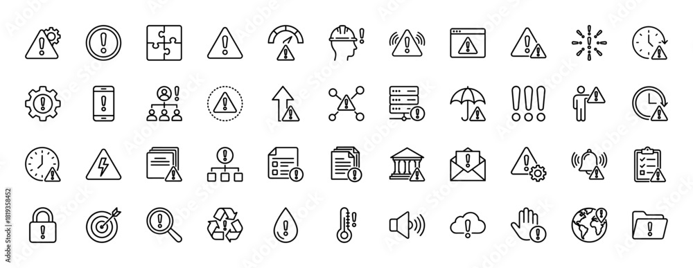 Warning and alert line icon set. Vector pictograms of risk, safety ...
