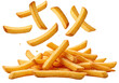 © Kasper - Freshly fried golden-brown french fries, crispy and textured, some mid-air, others in a scattered pile, on a transparent studio background with copy space. Concept of appetizing fast food craving