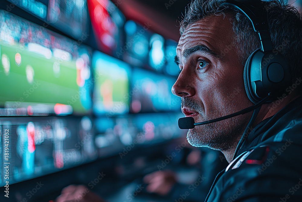 Var Operators Focused man VAR operator reviewing multiple angles of a football play ...