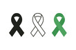 © Design Ful - mental health ribbon icons three awareness ribbon silhouettes one flat solid monochrome one thin black outline black and white one full color flat icon green