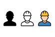© Design Ful - warehouse worker icons three hard hat person head and shoulders icons one flat solid monochrome one thin black outline black and white one full color flat icon helmet and blue shirt