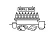 © Framezy - flat vector handdrawn black and white bold clean outlines white background refill shop paint refill squeeze bottles cup palette rag sign blank no logos