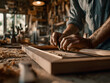 © hollow_hunter - A hyper-realistic photo of a carpenter crafting a wooden picture frame in a woodworking studio.