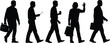 © Silhouette Boos - Silhouette of diverse walking individuals with toolbox, clipboard, cup, shopping bags, briefcase, representing daily roles, work, leisure, activity