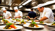 © Creative Listing - Restaurant Chefs Plating Vibrant Gourmet Food in Busy Kitchen, Warm Glow