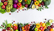 © Chelbom Art - Obst und Gemüse als bunter Rahmen auf weißem Hintergrund mit Textfreiraum, frische Zutaten für gesunde Ernährung