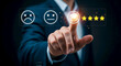 © Graphic PNG Grid - Person pressing a glowing happy face on a rating scale with stars in a dark blue background