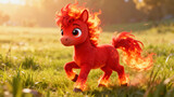 In a vibrant grassy field at sunset, a bright red pony with a flaming mane joyfully trots along. The warm sunlight creates a magical atmosphere around the energetic creature