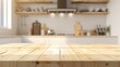 © backup_studio - Wooden table in modern kitchen with blurred background. Wood rustic counter for product display, showcasing bright and clean interior design, ideal for cooking and home lifestyle
