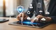 © Ngoc - Digital Safety Protection Hologram Interface Above Tablet with Detailed Safety Icons