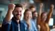 © Kateryna - Celebratory team cheering after accomplished project completion faceless professionals defocused workplace background success celebration scene collaborative achievement moment