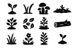 © Galina - Forest Recovery Icons. Solid style icons of Forest recovery: sapling, green shoots, mushroom cluster, moss patch, regenerating
