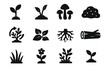 © Galina - Forest Recovery Icons. Solid style icons of Forest recovery: sapling, green shoots, mushroom cluster, moss patch, regenerating
