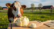 © Platon - Curious cow looking at a large scoop of fresh yellow ice cream.A whimsical and direct composition highlighting the connection between dairy farming and the final product