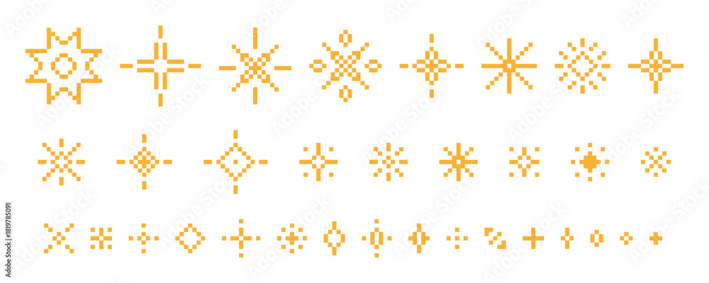 Star Twinkle Sparkle pixel art game icon vector set. Retro shiny golden ...